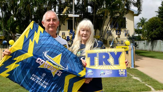 Alan Foley and Lorraine Johnson show their support for the North Queensland Cowboys by decorating their Currajong home. Picture: Evan Morgan