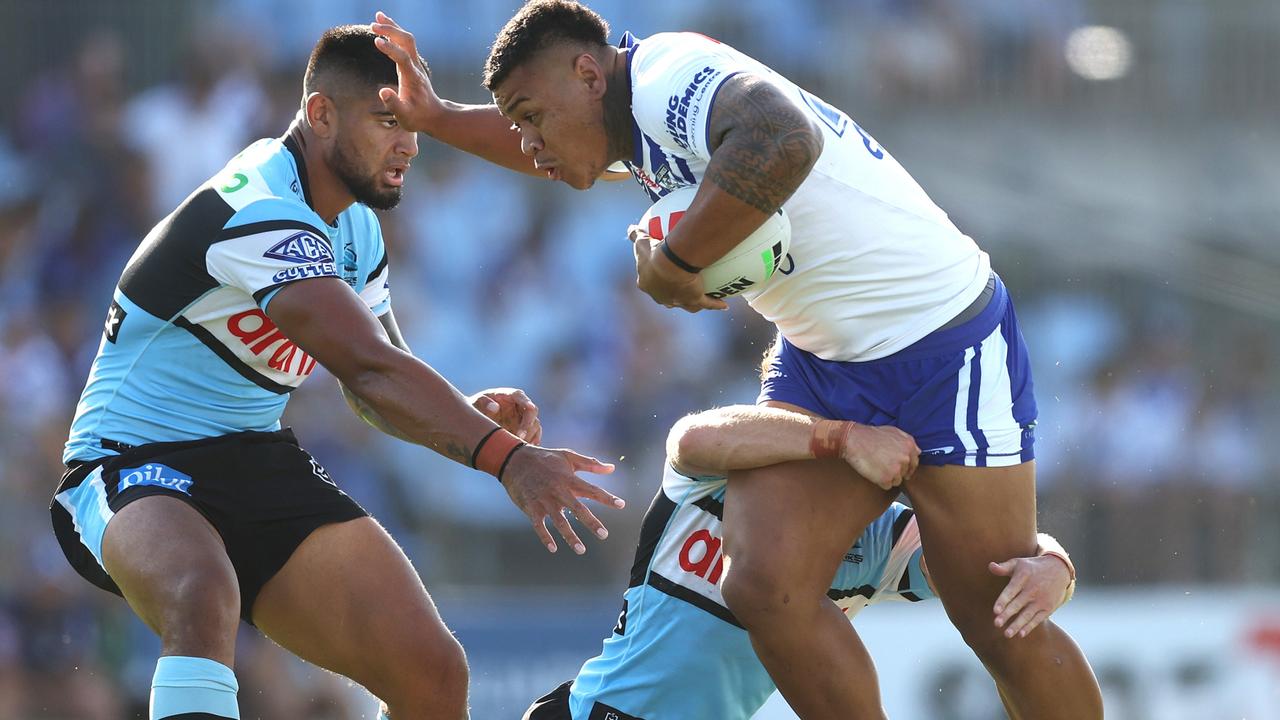 Bulldogs forward Franklin Pele almost matches Big Nelson at 132kg.