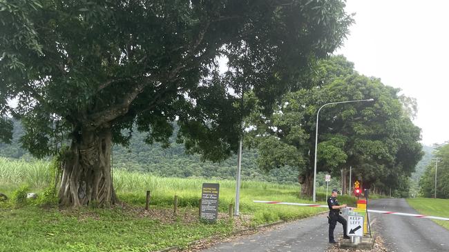 A police officer stands on the road to Mossman Gorge after reports a swimmer was swept away. Picture: Supplied