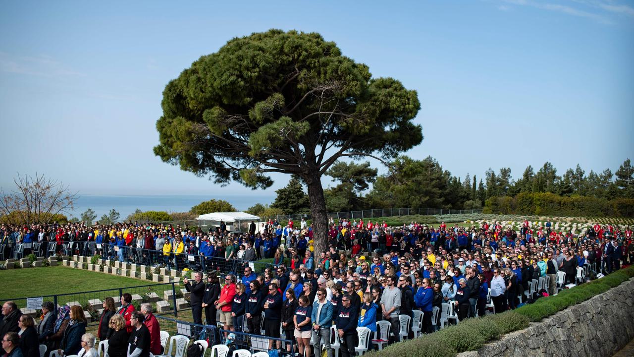 People gather during a ceremony at Lone Pine Cemetery on the Gallipoli Peninsula on April 25, 2019. Picture: AFP