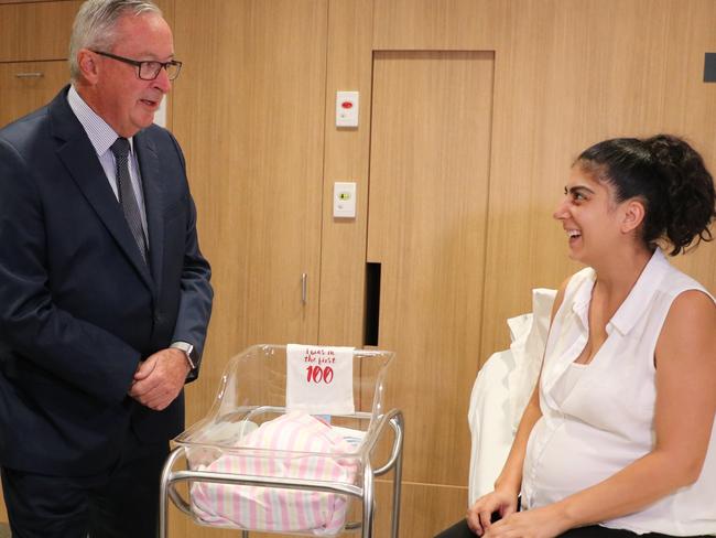 NSW Health Minister Brad Hazzard, Miranda and Oatley state Liberal MPs Eleni Petinos and Mark Coure, and new mother Joanne Elias with baby Natalie at St George Hospital's new birthing unit. Picture: SESLHD