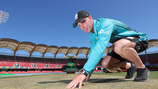 Brisbane Heat captain Chris Lynn checks out the pitch at Carrara Stadium. Picture Glenn Hampson.