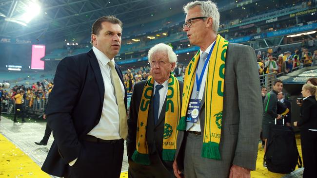 Australia host South Africa at ANZ Stadium in Homebush in their last match before heading to The FIFA World Cup in Brazil. L to R, coach Ange Postecoglou with Frank Lowy and David Gyngell.