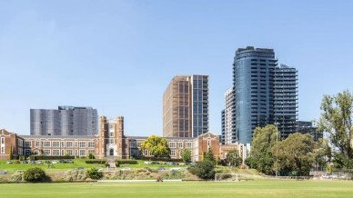 An artist's impression of the view of a proposed 21-storey tower at Chapel St South Yarra (centre), behind Melbourne High School. Picture: Extract from planning documents.