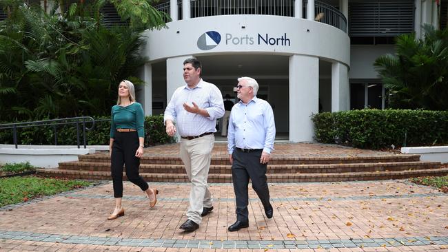 Barron River MP Bree James, Transport Minister Brent Mickelberg and Mulgrave MP Terry James, walking by the Ports North office after revealing the budget for the Cairns Marine Precinct Common User Facility had blown out to $826m. Picture: Arun Singh Mann