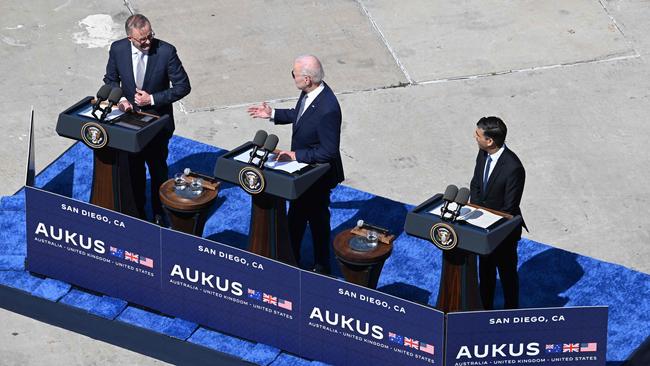 Australia’s Prime Minister Anthony Albanese, US President Joe Biden and British leader Rishi Sunak during the AUKUS submarines deal announcement in San Diego. Picture: AFP