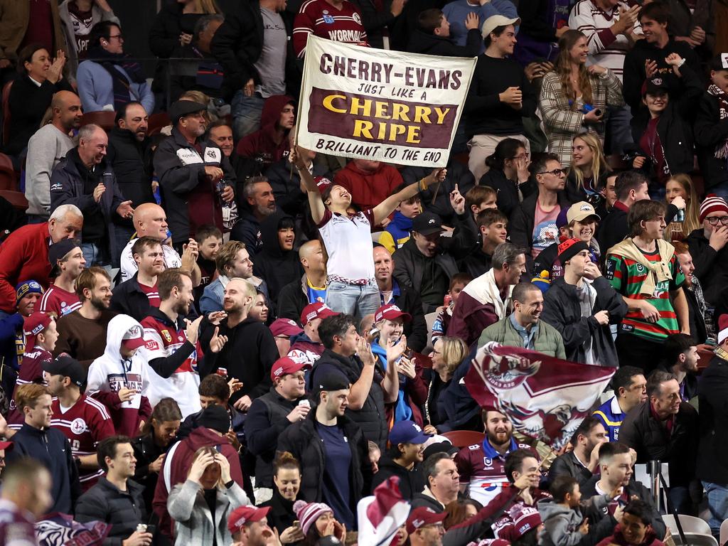 A crowd of 17,134 packed 4 Pines Park to watch Manly play the Eels Friday night. Picture: Cameron Spencer/Getty Images