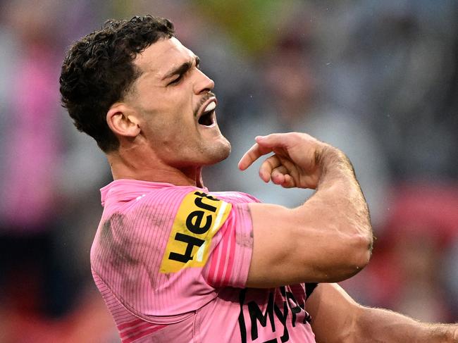 NRL 2025 RD09 Penrith Panthers v Brisbane Broncos - Nathan Cleary, try, celeb. Picture: NRL Photos