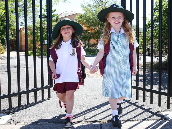 2018 Baden Powell College Prep students Matilda, 5, and Ariana, 5, at the college gates in Hoppers Crossing. Picture: Ian Currie