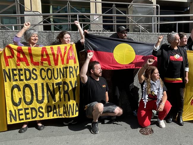 Supporters of Palawa elder Uncle Jim Everett gather outside the Hobart Magistrates Court. Picture: Genevieve Holding