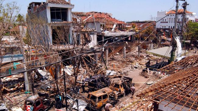 A view of the bomb blast site on October 16, 2002 in Denpasar, Bali, Indonesia. Picture: Getty Images