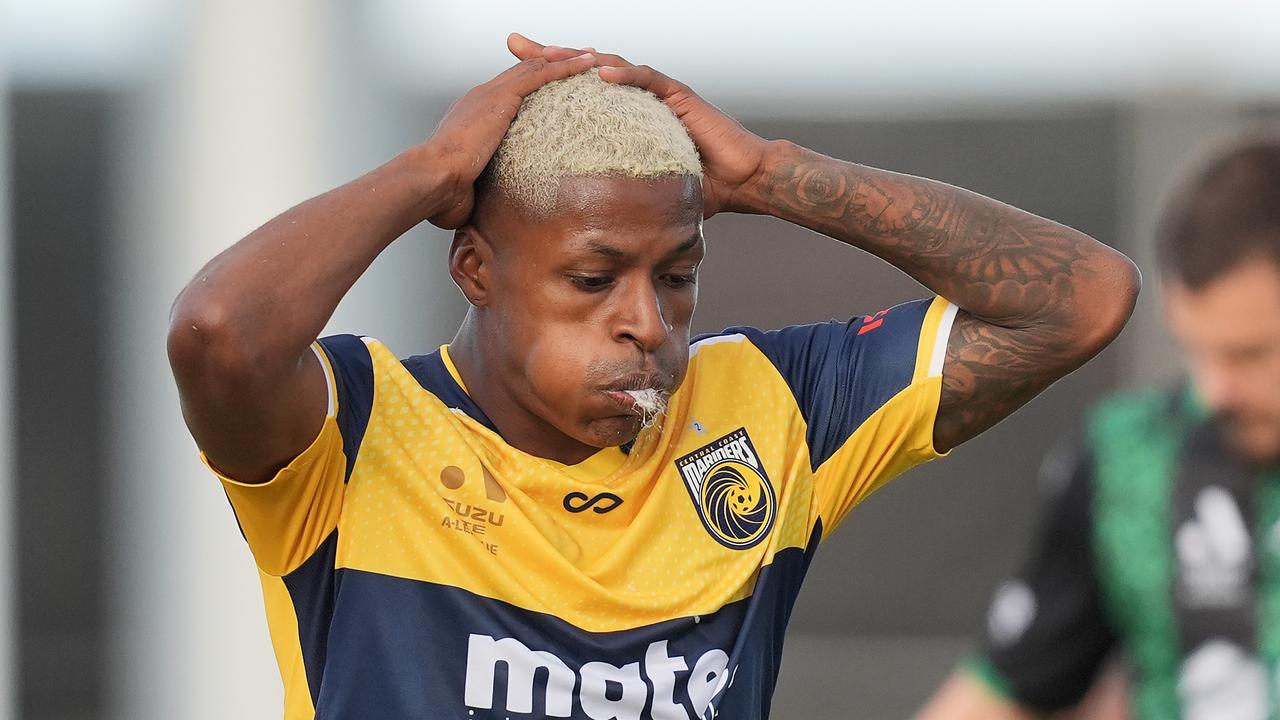 MELBOURNE, AUSTRALIA - APRIL 13: Angel Torres of the Mariners reacts after missing a goal during the A-League Men round 24 match between Western United and Central Coast Mariners at Regional Football Facility, on April 13, 2024, in Melbourne, Australia. (Photo by Daniel Pockett/Getty Images)