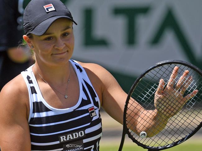 Australia's Ashleigh Barty reacts after beating Czech Republic's Barbora Strycova in straight sets in their women's singles semi-final tennis match at the WTA Nature Valley Classic tournament at Edgbaston Priory Club in Birmingham, central England on June 22, 2019. (Photo by Paul ELLIS / AFP)