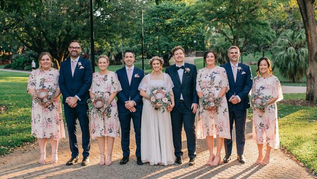 Jane Armitstead and Liam Butterworth with their bridal party on their wedding day. Photos: Figtree Pictures