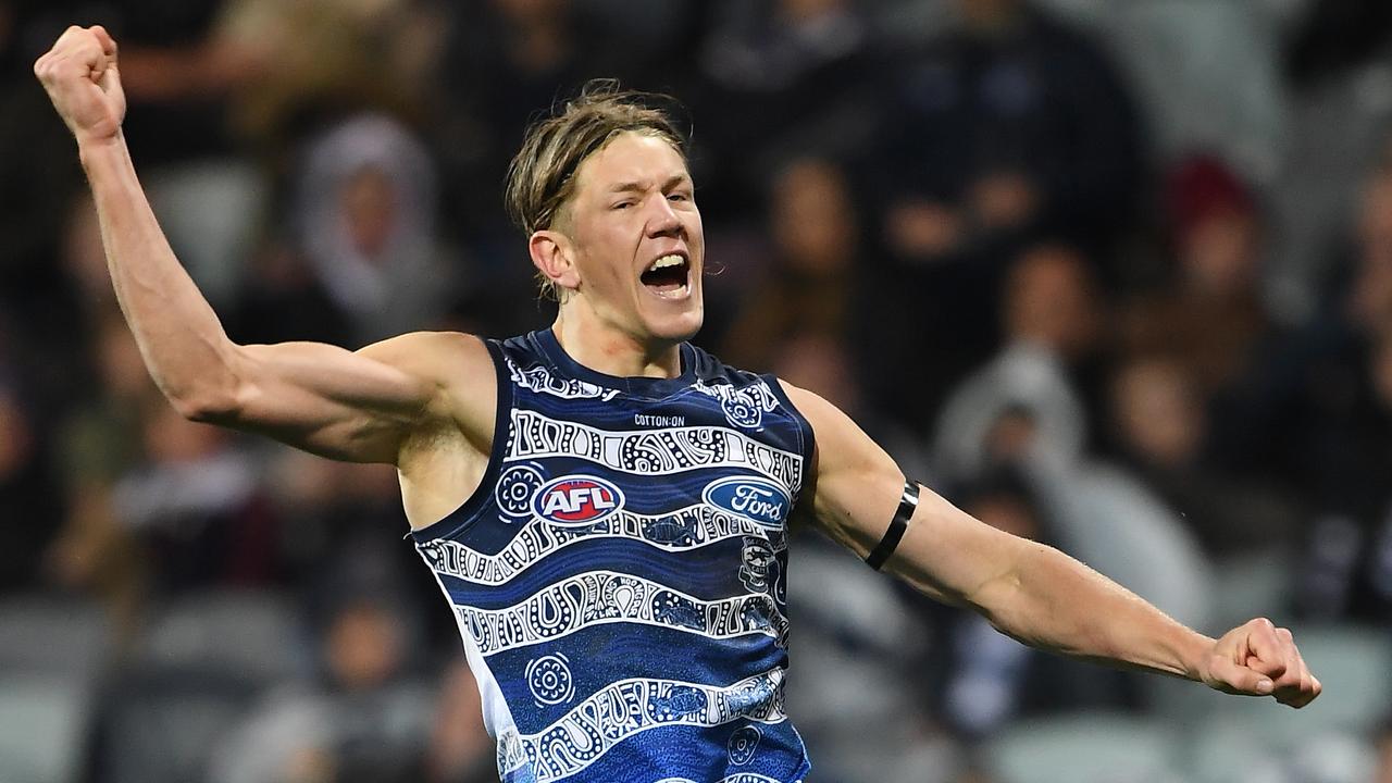 Rhys Stanley celebrates a goal in round 23 against Carlton. Pic: AAP