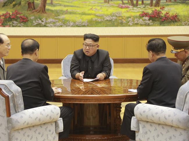 North Korea’s leader Kim Jong-un holds a meeting of the ruling party’s leadership. Picture: Korean Central News Agency/Korea News Service via AP