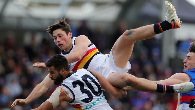 Chayce Jones crashes a pack during Sunday’s clash in Ballarat. Picture: Michael Klein.