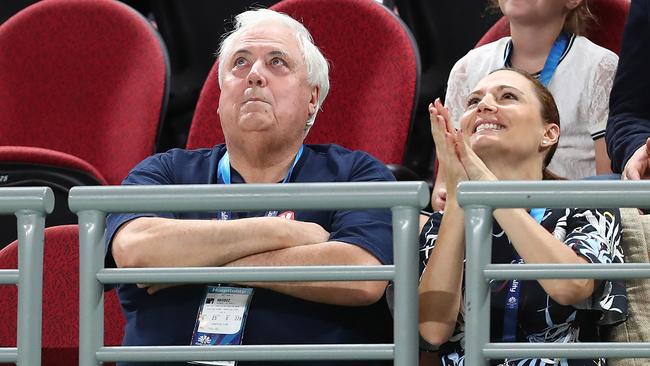 Clive Palmer and wife Anna watch a netball match at the Gold Coast 2018 Commonwealth Games. Picture: Chris Hyde/Getty Images