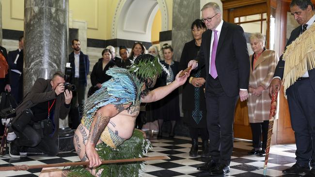 Mr Albanese is presented with a rakau tapu (sacred weapon) in Wellington.