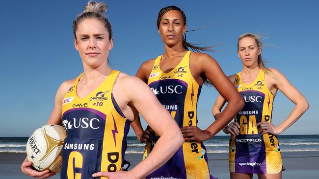 Sunshine Coast Lightning players Laura Scherian, Geva Mentor, and Cara Koenen. Photo: Liam Kidston.