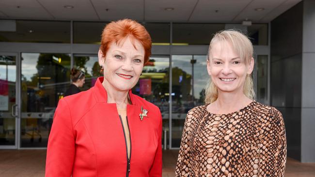 Pauline Hanson with candidate for Spence Linda Champion during a walk-around at Woolworths Elizabeth Shopping centre. Picture: NCA NewsWire/Brenton Edwards