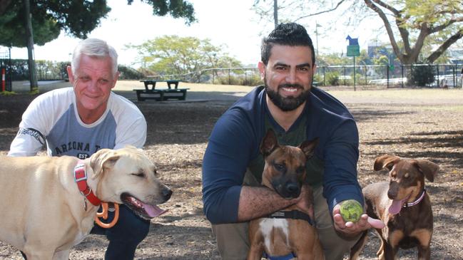 Josef Senisin and Maz Smaily support a petition for Council to look into the condition of New Farm Dog Park which they say is worn down and can't meet the local demand.