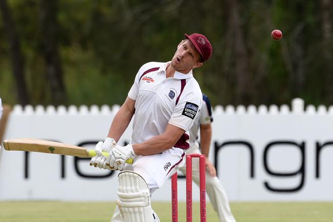 Cricket Gold Coast’s Kookaburra Cup. Day two between Mudgeeraba Nerang and Burleigh at Nerang RSL Oval. Burleigh batsman Rhys McCarthy in action. Picture: Steve Holland.