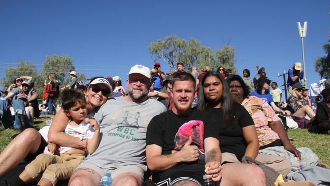 Penny, Brodie, Scott, and Braydon Weily with Tamika and Fiona Williams at Traeger Park, Alice Springs, for the Demons Saints game on June 1, 2025. Picture: Gera Kazakov