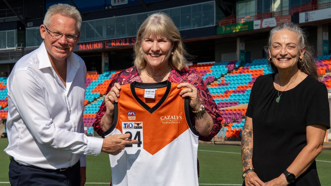 Sean Bowden, Chief Minister Eva Lawler and Minister Kate Worden at the announcement as Northern Territory taskforce has completed a business case into the viability of a AFL team in the NT. Picture: Pema Tamang Pakhrin