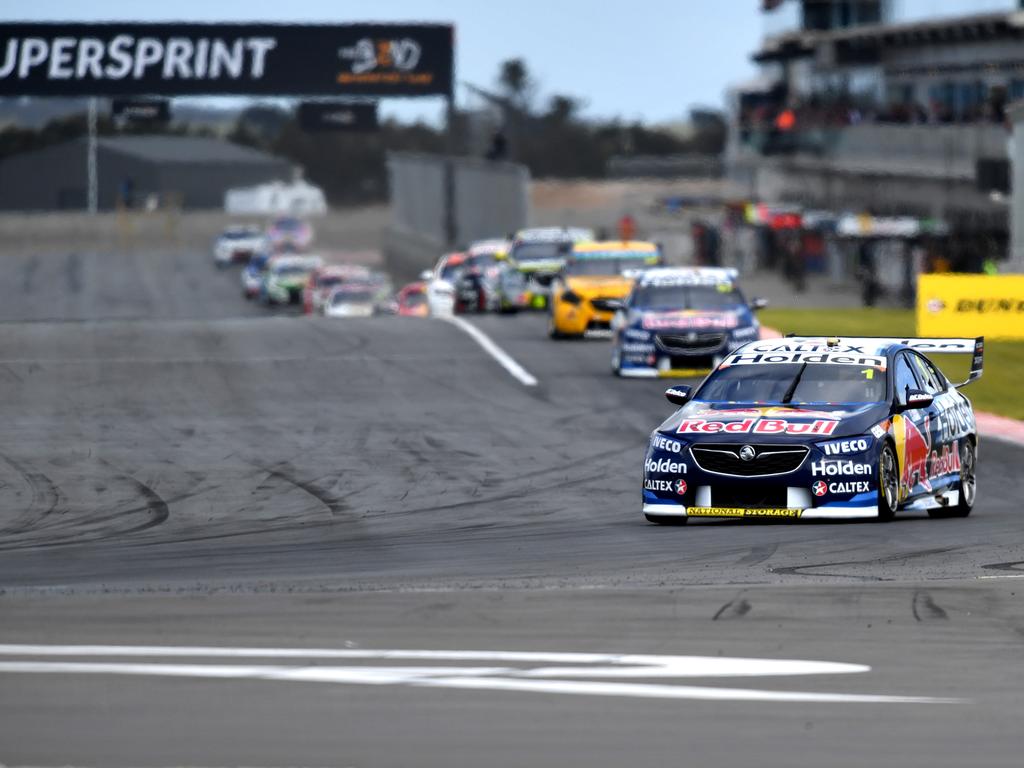 Jamie Whincup from Triple Eight Race Engineering leads the way in Race 2 of the Supercars Supersprint at The Bend Motorsport Park in Tailem Bend. Picture: AAP Image/David Mariuz