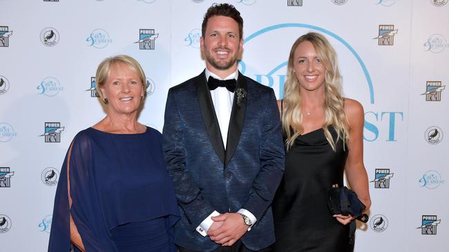 Travis Boak with his mother Chicki Boak and sister Cassie Boak on the red carpet at Port Adelaide’s Best and Fairest awards night at the Adelaide Convention Centre. Picture: Mark Brake