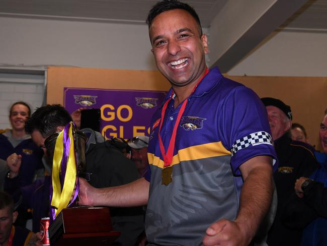 Vermont coach Harmit Singh in the winning rooms after the grand final. Picture: James Ross