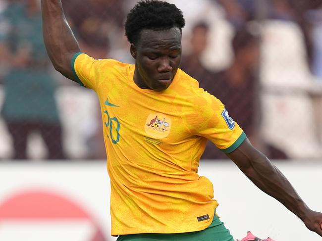 DHAKA, BANGLADESH - JUNE 06: Nestory Irankunda of Australia in action during the FIFA World Cup Asian second qualifier Group I match between Bangladesh and Australia at Bashundhara Kings Arena on June 6, 2024 in Dhaka, Bangladesh. (Photo by Thananuwat Srirasant/Getty Images)