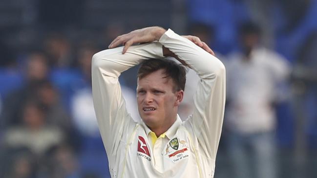 DELHI, INDIA - FEBRUARY 17: Matthew Kuhnemann of Australia reacts during day one of the Second Test match in the series between India and Australia at Arun Jaitley Stadium on February 17, 2023 in Delhi, India. (Photo by Pankaj Nangia/Getty Images)