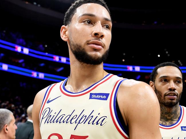 PHILADELPHIA, PENNSYLVANIA - DECEMBER 25: Ben Simmons #25 of the Philadelphia 76ers looks on after the game against the Milwaukee Bucks at Wells Fargo Center on December 25, 2019 in Philadelphia, Pennsylvania. The Philadelphia 76ers won 121-109. NOTE TO USER: User expressly acknowledges and agrees that, by downloading and or using this photograph, User is consenting to the terms and conditions of the Getty Images License Agreement.   Sarah Stier/Getty Images/AFP == FOR NEWSPAPERS, INTERNET, TELCOS & TELEVISION USE ONLY ==