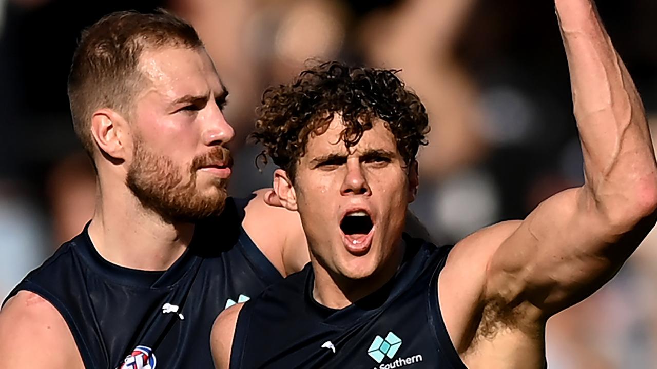 GOLD COAST, AUSTRALIA – AUGUST 19: Charlie Curnow of the Blues celebrates kicking a goal during the round 23 AFL match between Gold Coast Suns and Carlton Blues at Heritage Bank Stadium, on August 19, 2023, in Gold Coast, Australia. (Photo by Albert Perez/AFL Photos via Getty Images)