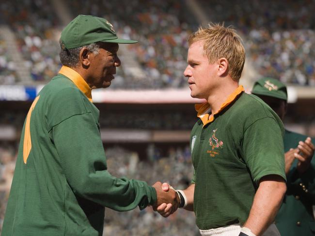 Actors Morgan Freeman (L) and Matt Damon in a scene from the 2009 film Invictus.