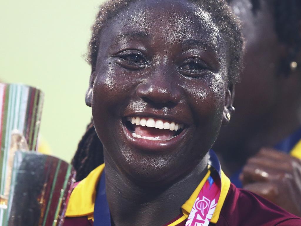 KOLKATA, WEST BENGAL - APRIL 03:  Stafanie Taylor, Captain of the West Indies celebrates with the trophy during the Women's ICC World Twenty20 India 2016 Final match between Australia and West Indies at Eden Gardens on April 3, 2016 in Kolkata, India.  (Photo by Ryan Pierse/Getty Images)