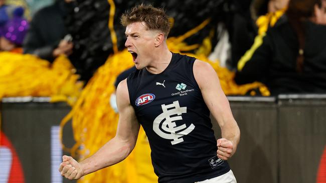 Jack Newnes of Carlton celebrates a goal. He’s made Rosebud his home club in 2024. (Photo by Michael Willson/AFL Photos via Getty Images)