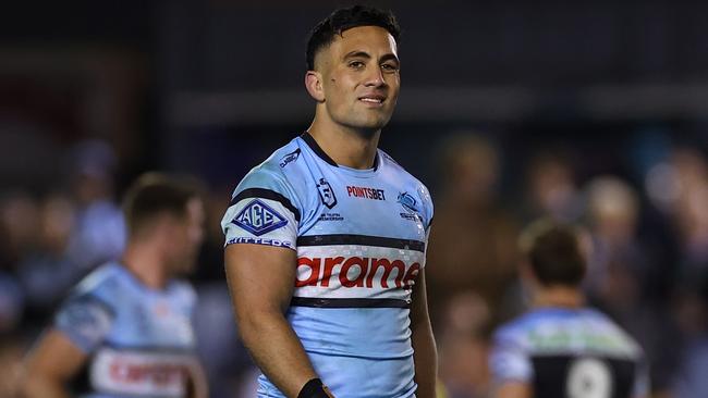 SYDNEY, AUSTRALIA - AUGUST 03: Kayal Iro of the Sharks looks on during the round 22 NRL match between Cronulla Sharks and South Sydney Rabbitohs at PointsBet Stadium, on August 03, 2024, in Sydney, Australia. (Photo by Jeremy Ng/Getty Images)