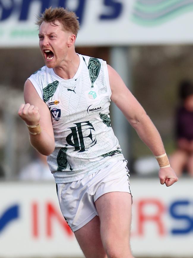 Echuca’s Cameron Valentine drifted down from defence to kick a goal against Kyabram.