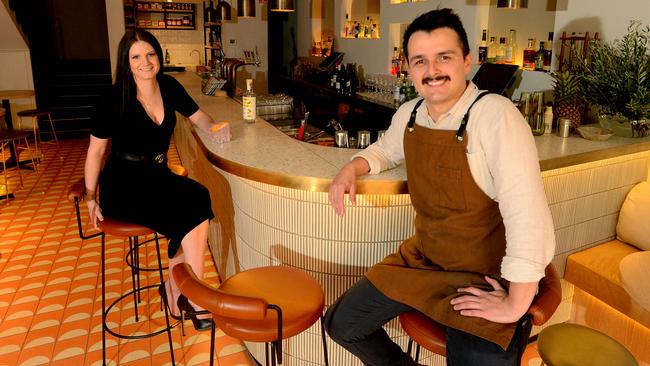 Paloma Bar. Luke Fleming (R) with Kate Farrow at the bar. The River Torrens precinct project will be finishing soon, bringing in more people to the city. Photo Sam Wundke