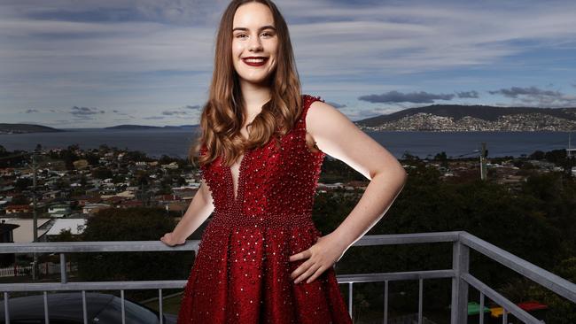 Year 12 student from The Friends' School, Zoe Knight, 18 of Bellerive in her dress she had sent from Melbourne for her school formal in September. Picture: Zak Simmonds