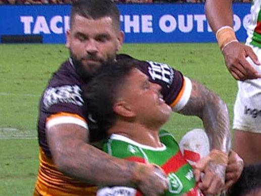 Latrell Mitchell and Adam Reynolds got into a minor scuffle after the latter accused the Rabbitohs star of a headbutt. Picture: Supplied