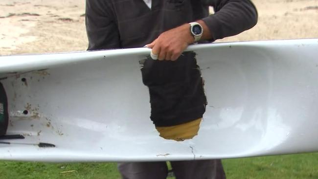 A massive gap missing from the surf ski after the shark attack at Seacliff. Picture: SLSA