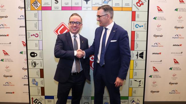 Qantas CEO Alan Joyce and Virgin Australia CEO Paul Scurrah teamed up to take on airports last year, speaking at the National Press Club in Canberra. Picture: Gary Ramage