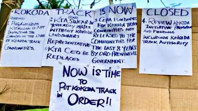 A blockade at the village of Kovelo on the Kokoda Track this week. Picture: Supplied