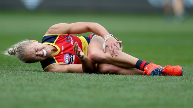 Erin Phillips in agony after rupturing her knee during last year’s AFLW grand final. Picture Getty Images