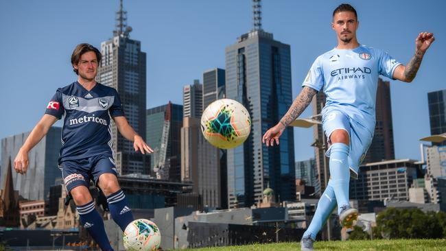 Melbourne Victory’s Marco Rojas, left, and Melbourne City’s Jamie Maclaren before the derby at AAMI Park