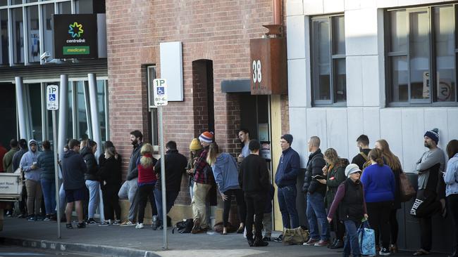 People lining up outside the Centrelink office in Hobart during the COIVD-19 pandemic. Picture: CHRIS KIDD